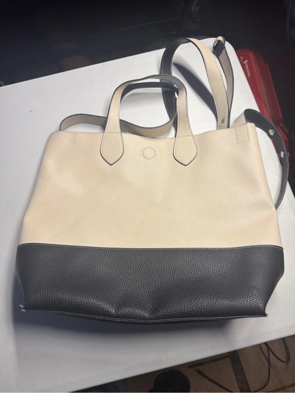 Two-Tone Cream and Black Structured Leather Tote - Picture 5 of 6